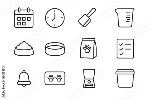 Feeding Routine Icons. Outline icon set of feeding routine: calendar, clock, scoop, measuring cup, bowl, water
