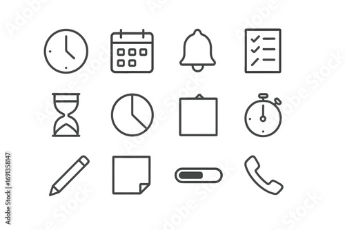 Home Time Management Icons. Outline icon set of time management at home: clock, calendar, alarm bell,