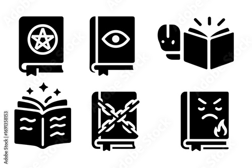 Magical Tome Icons. Solid, filled icon set of magical ancient tomes: spellbook, grimoire, forbidden text, floating book, glowing