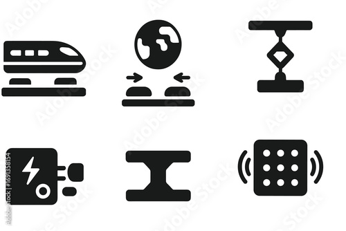 Maglev Icon Set. Solid, filled icon set of magnetic levitation: maglev train, levitating globe, magnetic tracks, suspension system