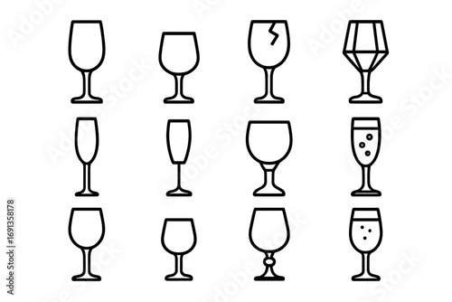 Wine Glass Icon Set. Outline icon set of wine glass stem: tall wine glass, short stem glass, broken stem,