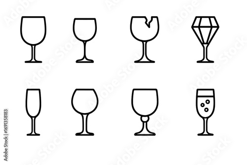 Wine Glass Icon Set. Outline icon set of wine glass stem: tall wine glass, short stem glass, broken stem,