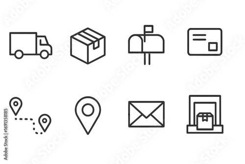 Mail Logistics Icons. Outline icon set of mail logistics: delivery truck, parcel tape, mailbox flag, parcel label, postal route,