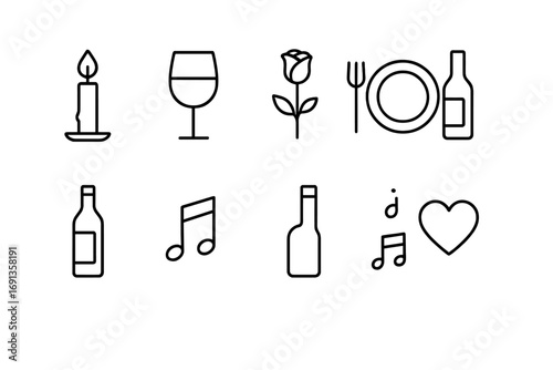 Romantic Dinner Icons. Outline icon set of romantic dinner setup: candle, wine glass, rose, plate, fork and
