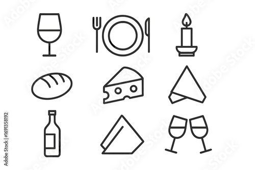 Wine & Dining Icons. Outline icon set of wine and dining: wine glass, plate with fork, candle, bread loaf,