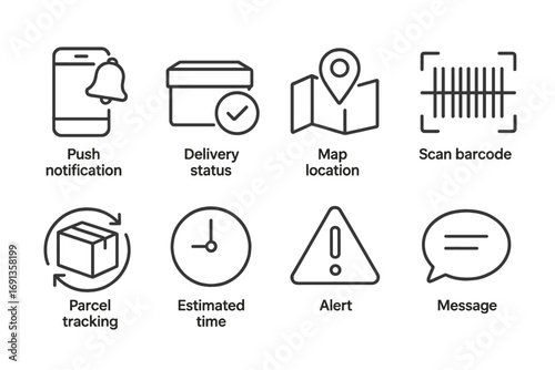 Mail Tracking Icons. Outline icon set of bulk mail tracking app: push notification, delivery status, map location, scan barcode,