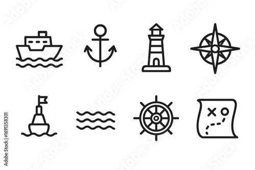 Maritime Icons Set. Outline icon set of maritime route: ship, anchor, lighthouse, compass rose, buoy, waves, steering wheel,