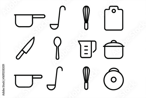 Kitchen Tools Icons. Outline icon set of kitchen tools for risotto: saucepan, ladle, whisk, cutting board,