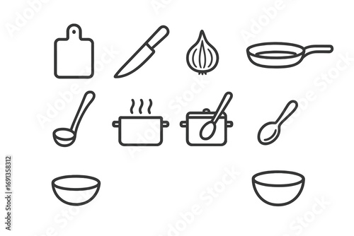Risotto Cooking Icons. Outline icon set of cooking steps for risotto: cutting board, knife, onion, frying pan,