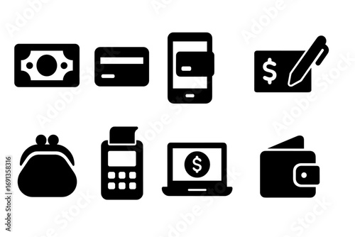 Market Payment Icon Set. Solid, filled icon set of market payment methods: cash, credit card, mobile payment, cheque, coin purse,