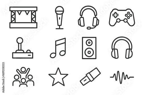 Gaming Concert Icons. Outline icon set of gaming concerts: stage, microphone, headset, console controller,