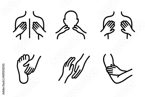 Massage Icon Set. Outline icon set of massage body parts: back, neck, shoulders, feet, hands, legs, head, arms. Line icons in only