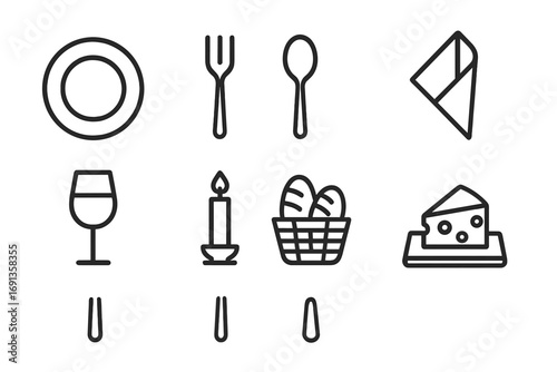 Dining Icon Set. Outline icon set of dining experience: plate, fork, spoon, napkin, wine glass, candle, bread