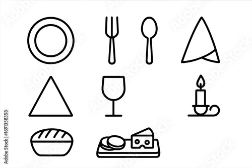 Dining Icon Set. Outline icon set of dining experience: plate, fork, spoon, napkin, wine glass, candle, bread