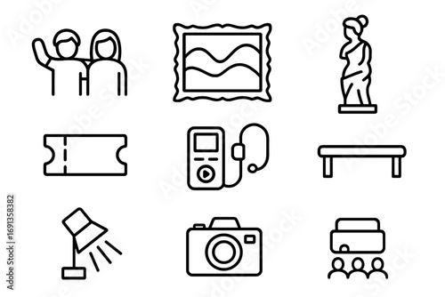 Museum Day Fun. Outline icon set of two friends enjoying a fun day at an art gallery or museum: two people,