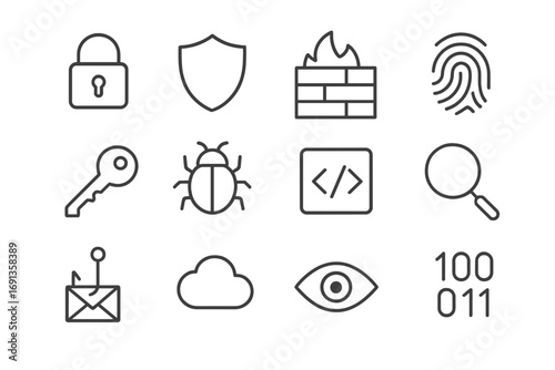Cybersecurity Icon Set. Outline icon set of cybersecurity: padlock, shield, firewall, fingerprint, key, bug,