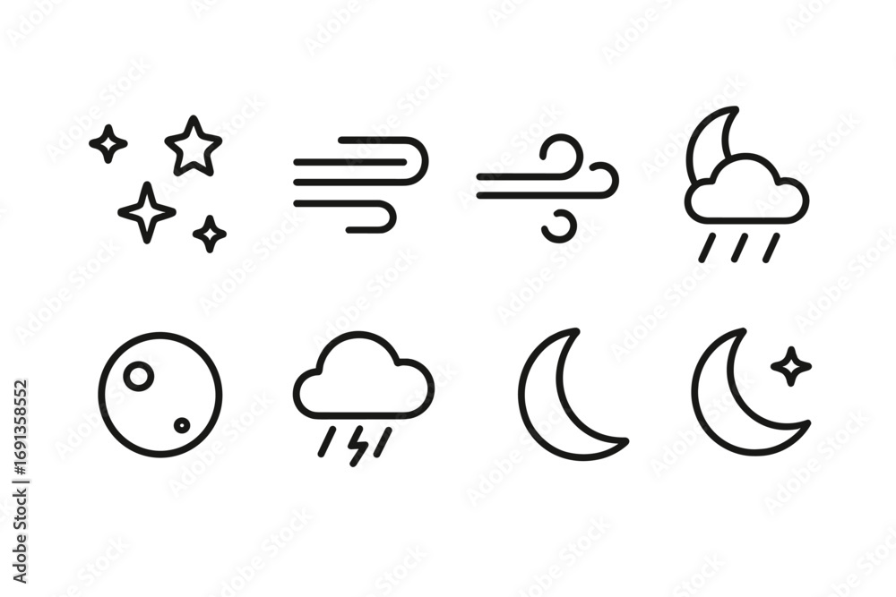 Obraz premium Midnight Weather Icons. Outline icon set of midnight weather and atmosphere: starry sky, fog, wind swirl, night rain, full moon,