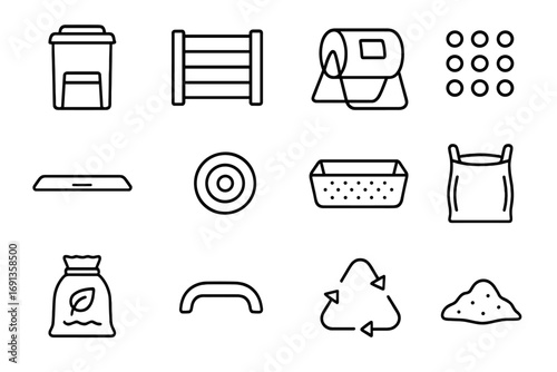 Compost Bin Icons. Outline icon set of compost bins: plastic bin, wooden bin, tumbler bin, aeration holes, lid