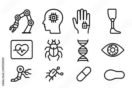 Tech-Integrated Icons. Outline icon set of tech integration into the human body: robotic arm, brain chip,