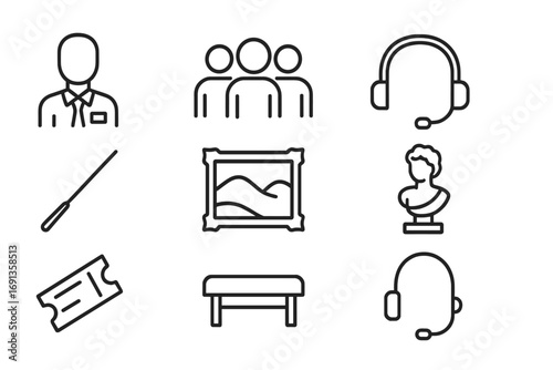 Museum Tour Icons. Outline icon set of guided museum tour: guide figure, group of people, pointer stick,