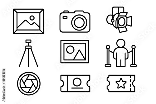 Photography Exhibit Icons. Outline icon set of photography exhibition: photo frame, camera, spotlight, tripod,