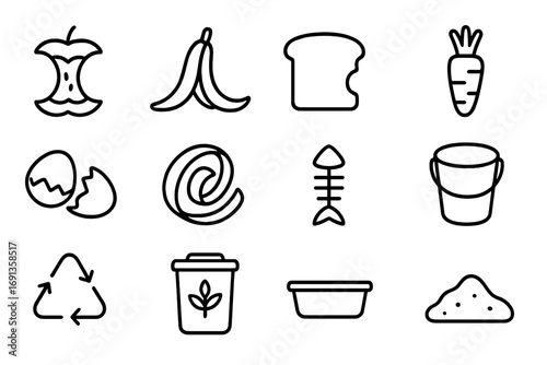Food Waste Recycling Icons. Outline icon set of food waste recycling: apple core, banana peel, bread crust,