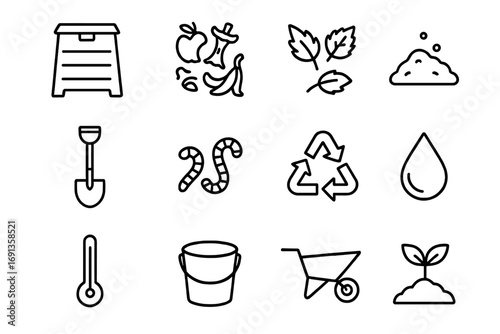 Composting Icon Set. Outline icon set of composting: compost bin, food scraps, leaves, soil, shovel, worms,