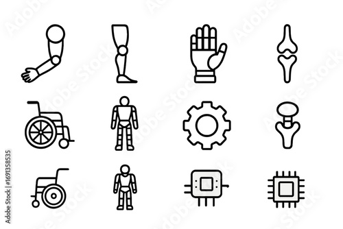 Prosthetic Icon Set. Outline icon set of prosthetic enhancements: prosthetic arm, robotic leg, bionic hand,