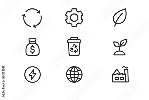 Circular Economy Icons. Outline icon set of circular economy: recycle arrows, gear, leaf, money bag, compost