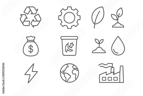 Circular Economy Icons. Outline icon set of circular economy: recycle arrows, gear, leaf, money bag, compost