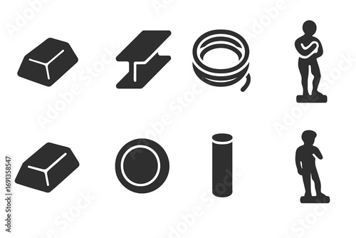 Metal Icon Set. Solid, filled icon set of metal types: iron ingot, steel beam, copper wire, aluminum sheet, gold bar, silver coin,