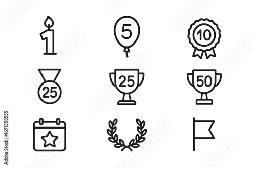 Milestone Anniversary Icons. Outline icon set of milestone anniversaries: number 1 candle, number 5 balloon, number 10 badge,