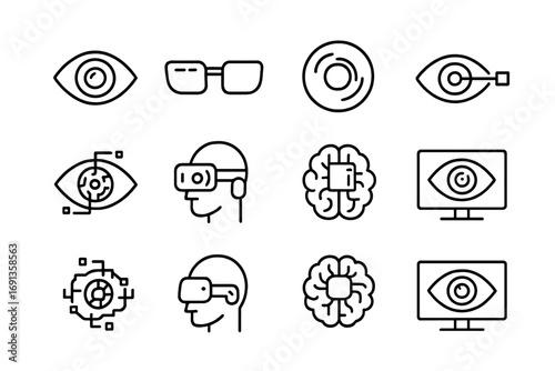 Cybernetic Vision Icons. Outline icon set of cybernetic vision: augmented eye, glasses, lens, infrared beam,