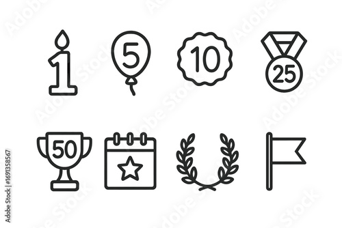 Milestone Anniversary Icons. Outline icon set of milestone anniversaries: number 1 candle, number 5 balloon, number 10 badge,