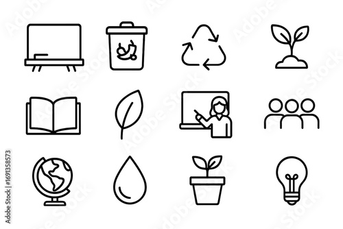 Eco Education Icons. Outline icon set of eco education: chalkboard, compost bin, recycling arrows, sprout,