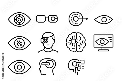 Cybernetic Vision Icons. Outline icon set of cybernetic vision: augmented eye, glasses, lens, infrared beam,