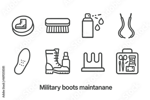 Military Boots Maintenance Icons. Outline icon set of military boots maintenance: shoe polish, brush, waterproof spray, lace