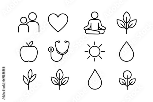 Holistic Health Icons. Outline icon set of holistic health for families and children: parent and child, heart,