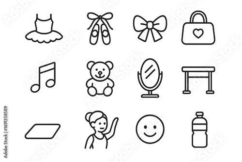 Ballet Class Icons. Outline icon set of ballet kids training: small tutu, shoes, bow, bag, music note, toy,