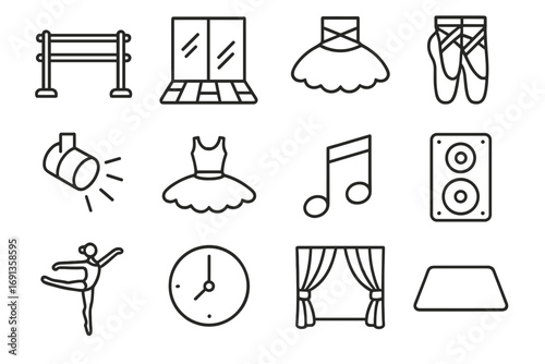 Ballet Studio Icons. Outline icon set of ballet dance floor with mirrors: ballet barre, mirror wall, wooden