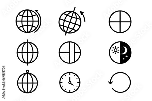 Earth's Rotation Icons. Outline icon set of Earth’s rotation: rotating globe, rotation axis, axial tilt arrow, equator line, prime