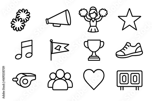 Cheerleading Icon Set. Outline icon set of student cheerleading: pom-poms, megaphone, cheerleader, star, music