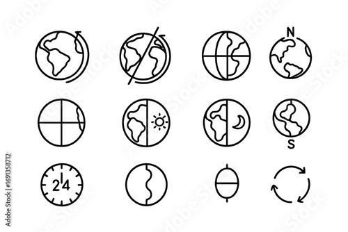 Earth's Rotation Icons. Outline icon set of Earth’s rotation: rotating globe, rotation axis, axial tilt arrow, equator line, prime