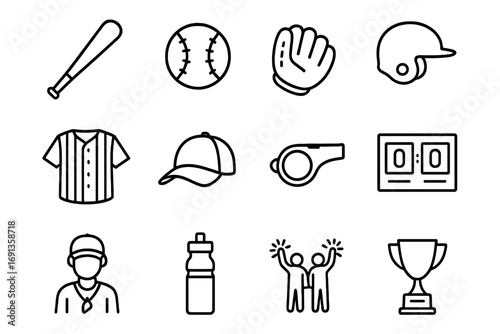 School Baseball Icons. Outline icon set of school baseball: baseball bat, ball, glove, helmet, jersey, cap,