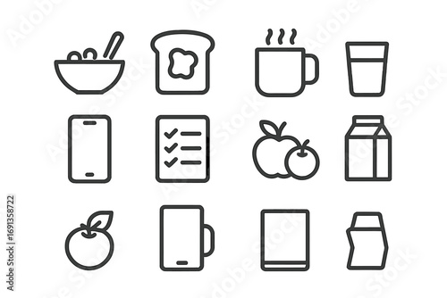 Breakfast App Icons. Outline icon set of breakfast planning apps: cereal bowl, toast, coffee mug, juice glass,