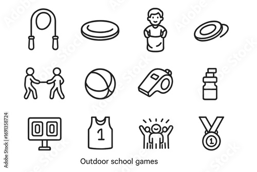 Outdoor School Games Icons. Outline icon set of outdoor school games: jump rope, frisbee, sack race, tug of