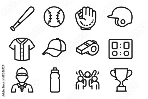 School Baseball Icons. Outline icon set of school baseball: baseball bat, ball, glove, helmet, jersey, cap,