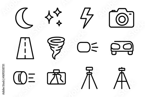 Night Storm Chasing Icons. Outline icon set of night storm chasing: moon, stars, lightning, camera, road,