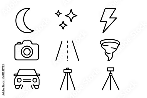 Night Storm Chasing Icons. Outline icon set of night storm chasing: moon, stars, lightning, camera, road,