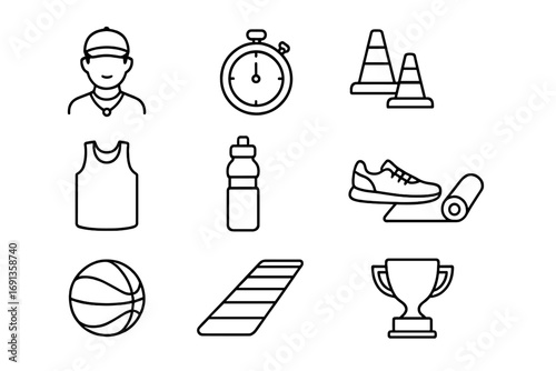 Student Sports Icon Set. Outline icon set of student sports training: coach, stopwatch, cones, whistle, jersey